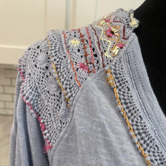 Free People Top Womens Blue Crochet Embroidered Henley Boho Tunic Shirt - Picture 2 of 11